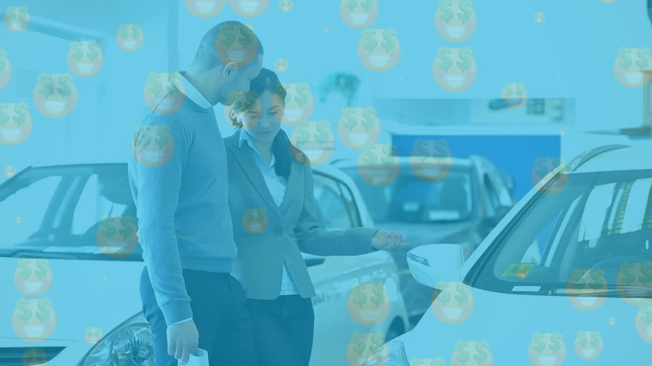 자동차 살롱에서 사업가 여성과 함께 백인 남성 위에 이모지 아이콘의 애니메이션