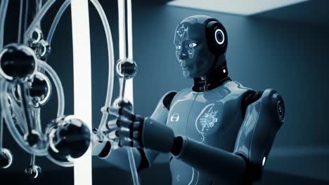futuristic robotic figure interacting with advanced technology in a sleek, modern environment showcasing innovation and precision