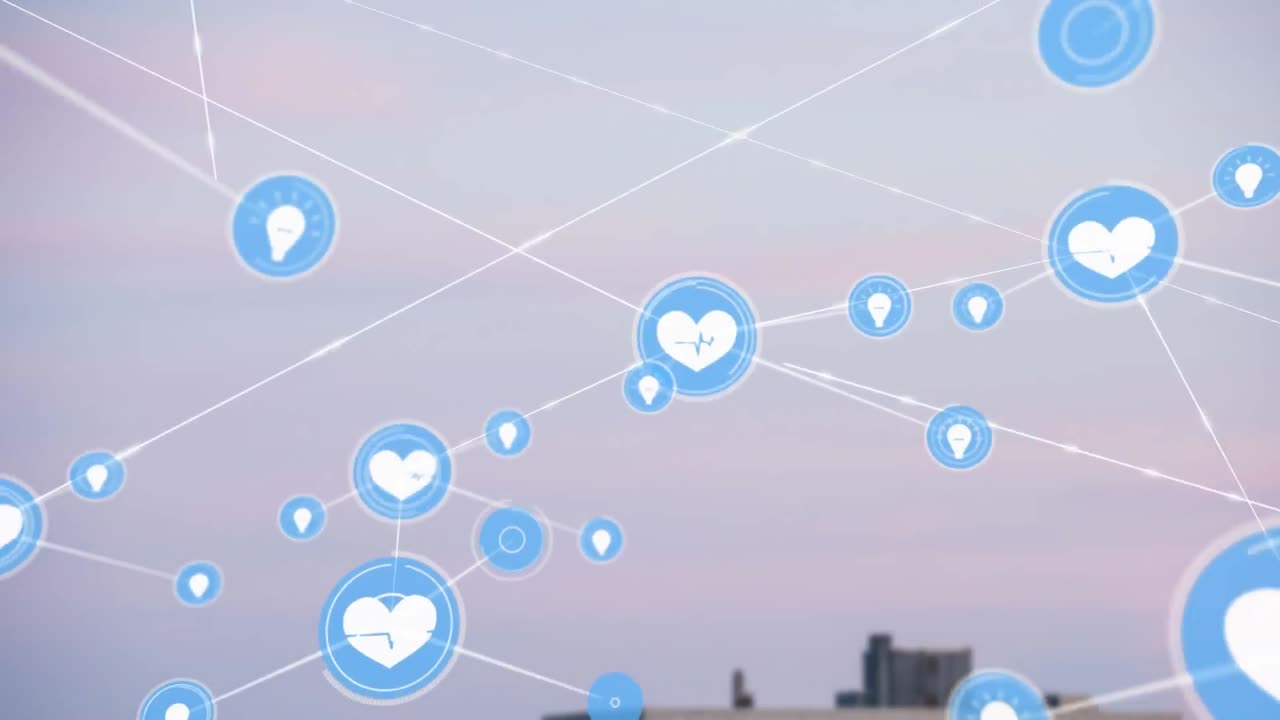 회색 하늘을 배경으로 디지털 아이콘 네트워크의 애니메이션