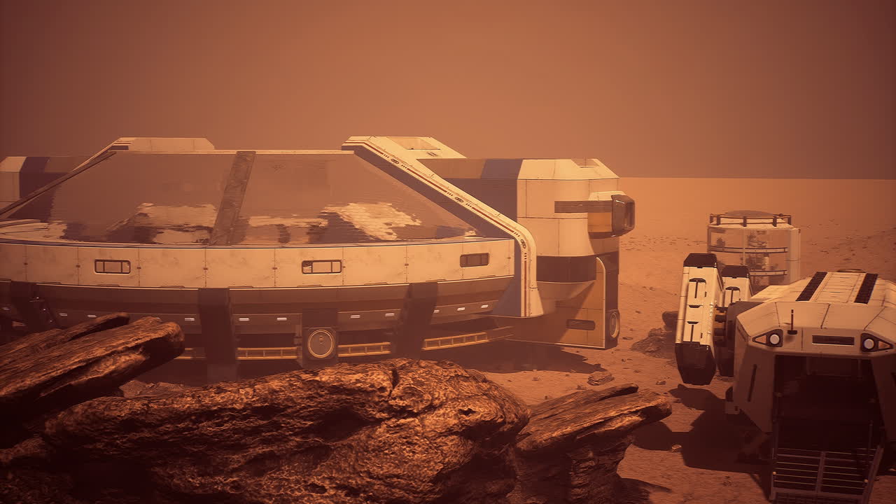 Exploration vehicles and habitat on a distant planet during twilight