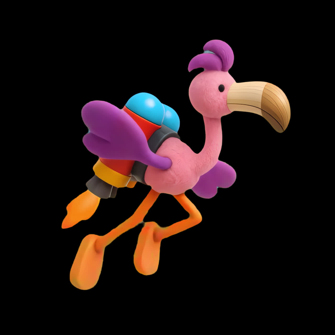 Colorful cartoon flamingo with jetpack animation isolated asset, transparent 4K video, alpha