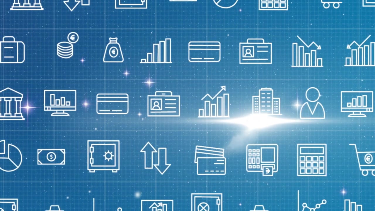 Light streak entering left edge sweeping icon grid and highlighting financial symbols for emphasis