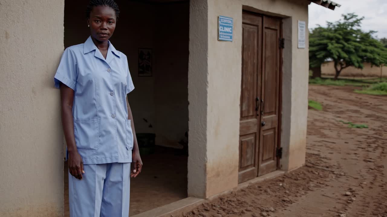 파란 스크럽을 입은 젊은 여성 간호사는 시골 지역의 작은 클리닉 밖에서 자신감 있게 서서 의료 서비스에 대한 접근과 서비스를 구현합니다.