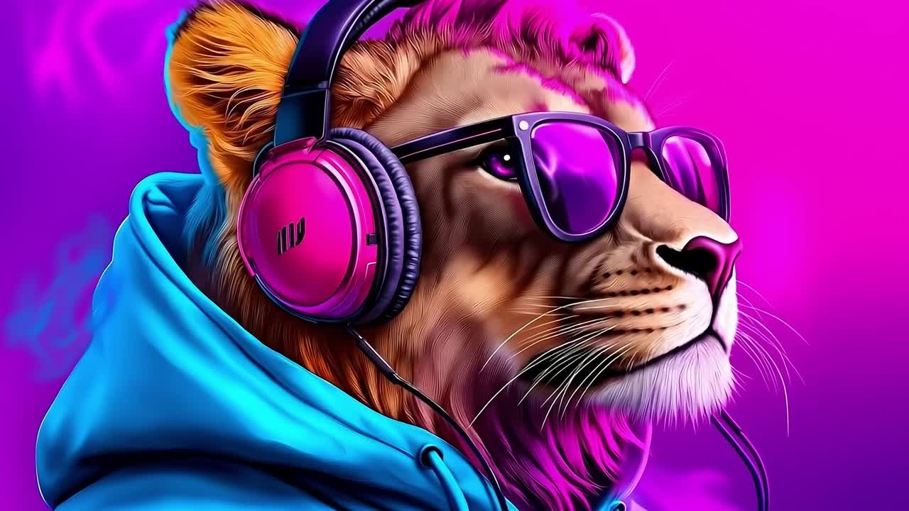 A lion wearing headphones and sunglasses on a purple background