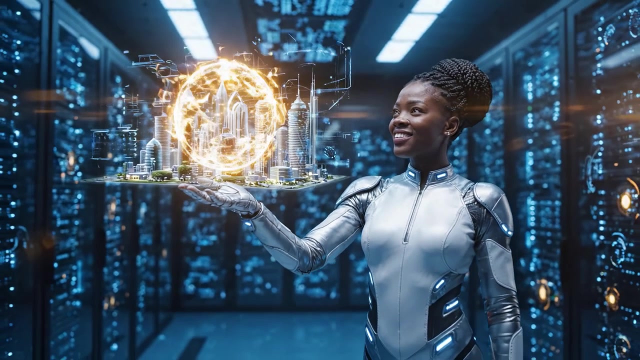 A futuristic scene featuring a woman in a sleek silver suit interacting with holographic technology, set in a high-tech digital environment filled with servers and data displays.