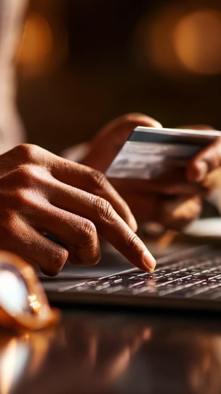 A close-up view of hands using a laptop and credit card, illustrating online shopping or digital payments in a cozy, illuminated environment