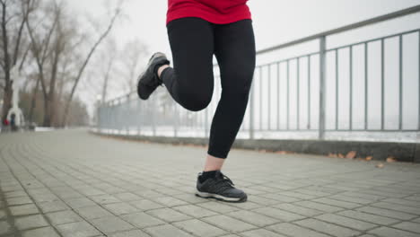 lower angle view of athlete in black sneakers and leggings jogging along iron railing of bridge surrounded by foggy winter atmosphere, partial view of cityscape, tree-lined background