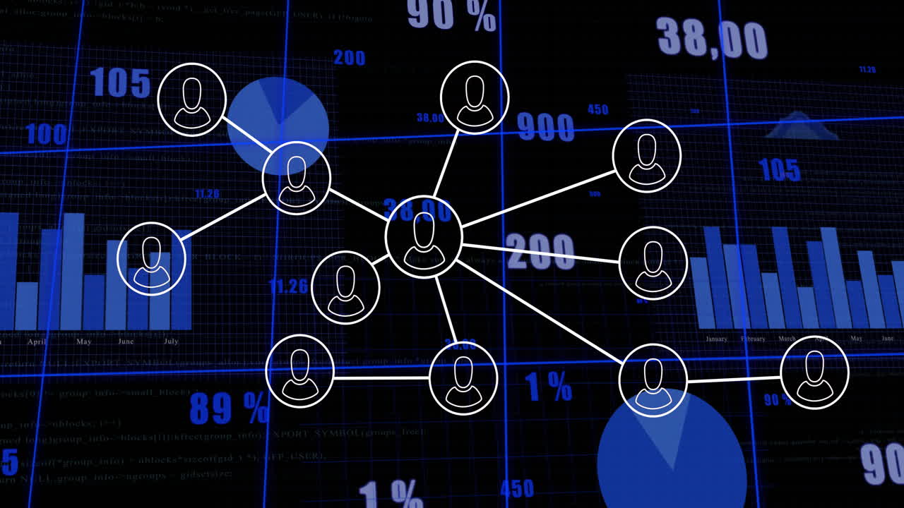 Animation of connections with people icons, digital data processing over black background