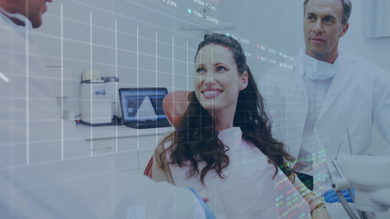 patient smiling and looking up in dental office, dentists adjusting tools with floating data graphs