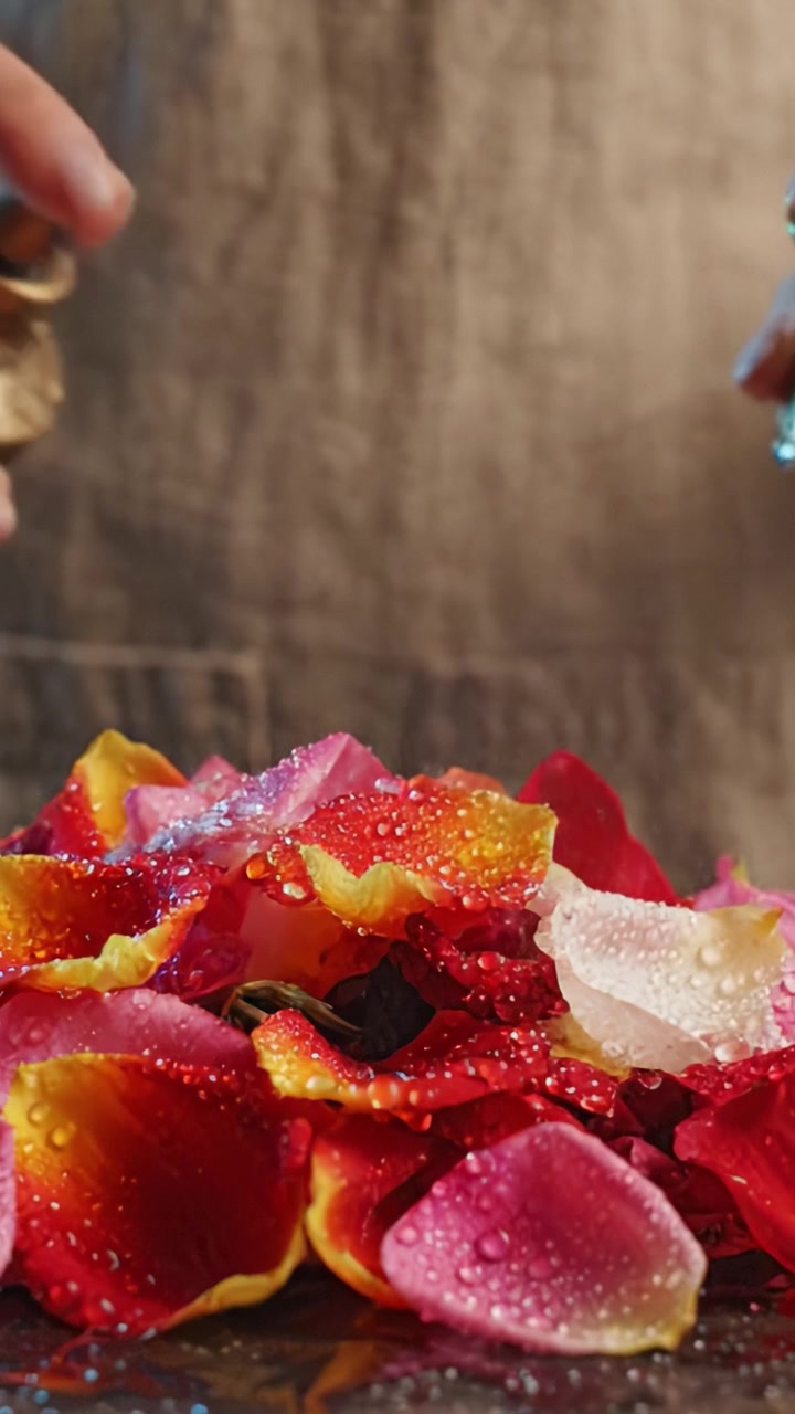 A Close-Up of Vibrant Rose Petals Being Sprayed with Water, Highlighting the Delicate Beauty of Nature in a Textured Setting and Their Colorful Variety