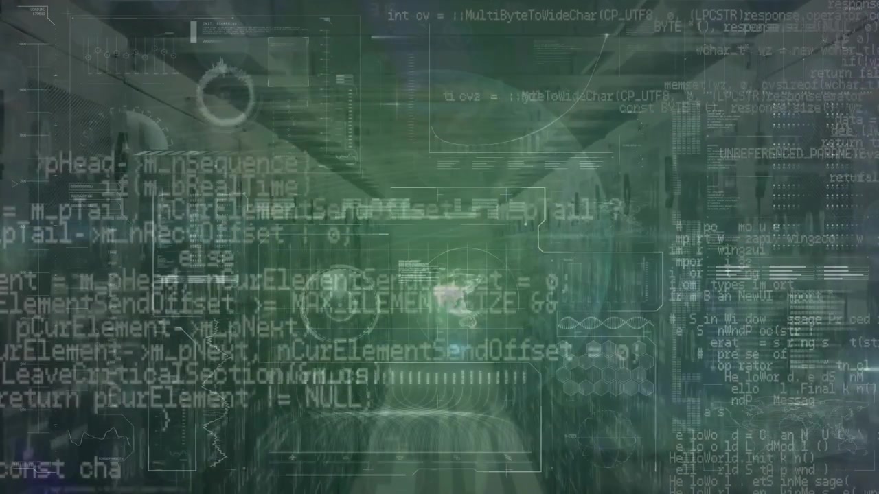 Animasjon av et grensesnitt med databehandling over en roterende globus mot et serverrom.