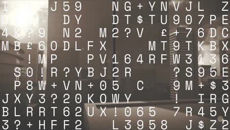 Animation of data processing over gray cityscape