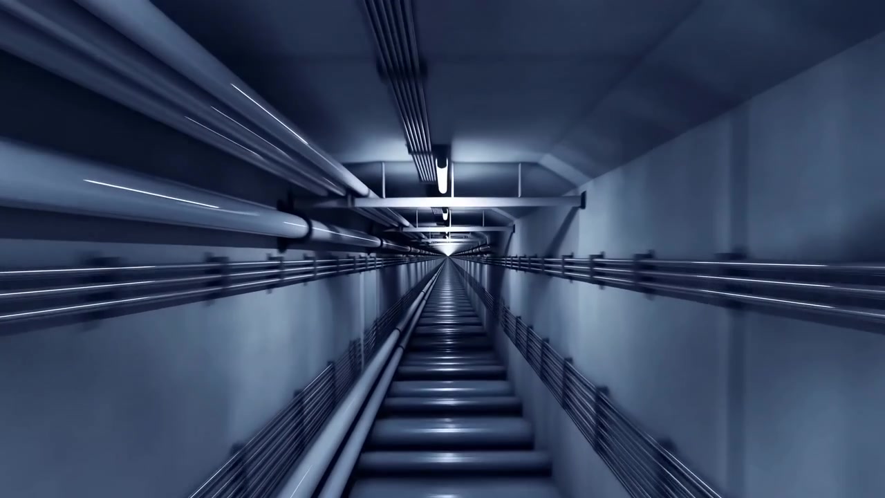 Un momento intermedio in un lungo tunnel industriale mostra tubi che fiancheggiano entrambe le pareti, proiettando ombre lungo le superfici metalliche.