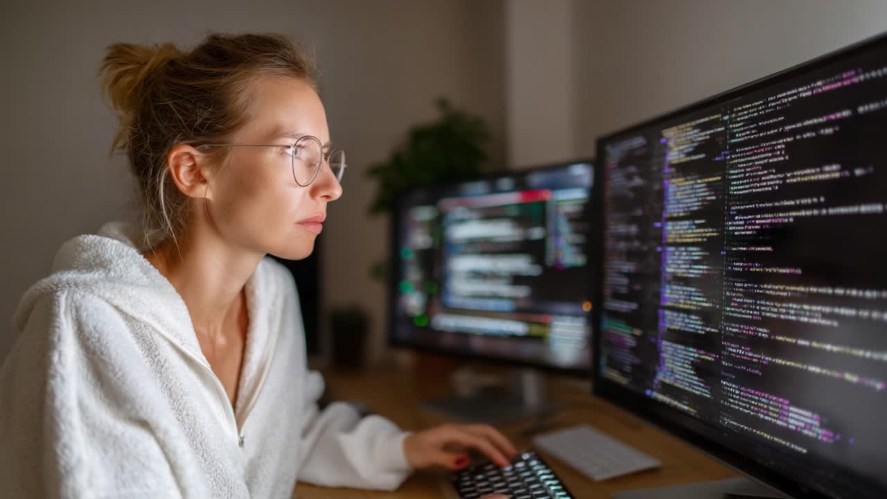Focused Programmer Analyzing Code on Dual Monitors in a Quiet Workspace, Emphasizing the Intense Concentration in Software Development Tasks
