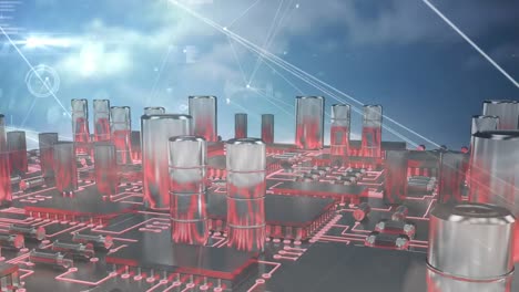 Animation-of-web-of-connections-with-a-microprocessors-with-towers-on-it-over-cloudy-sky-