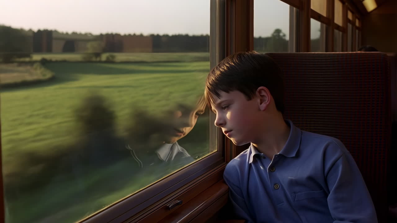Boy Looking Out Train Window with Reflection