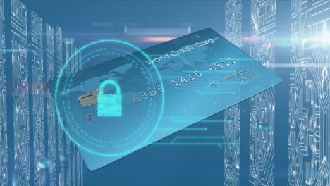 animation of credit card over online padlock icon and computer circuit boards