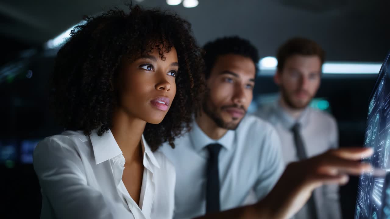 A focused team collaborates in a high-tech environment, analyzing data and visuals on digital screens while showcasing determination and innovation in a modern workspace