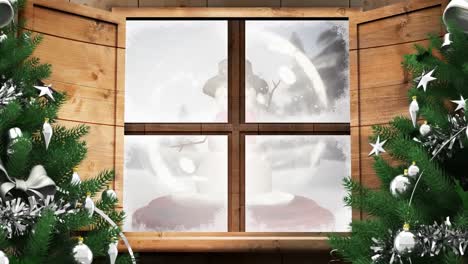 Animation-of-winter-landscape-and-snow-globe-seen-through-window