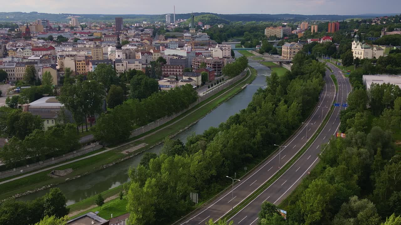 Ostrava city bypass alongside River Ostravice Aerial Establishing Shot