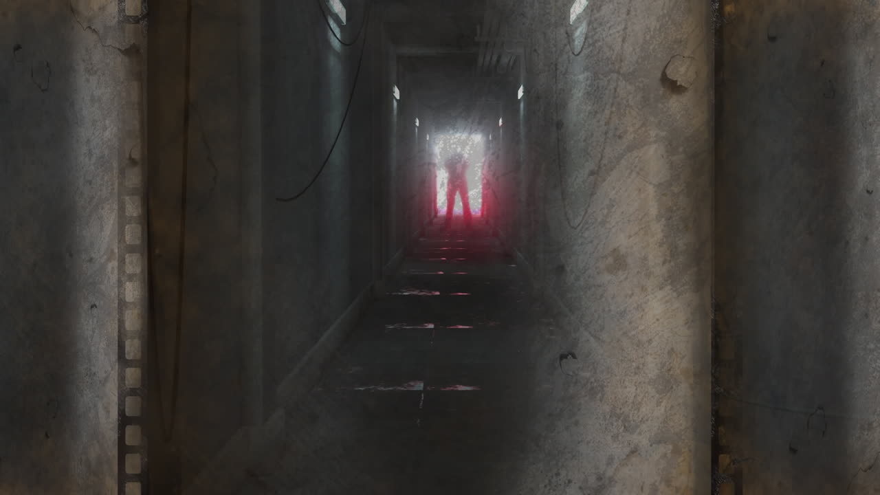 animación de la niebla de la película y rasguños sobre la figura aterradora retroiluminada en la puerta al final del corredor oscuro