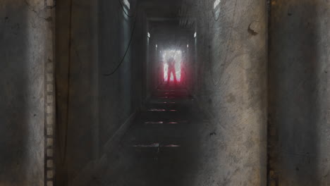 animation of film fog and scratches over scary figure backlit in doorway at end of dark corridor