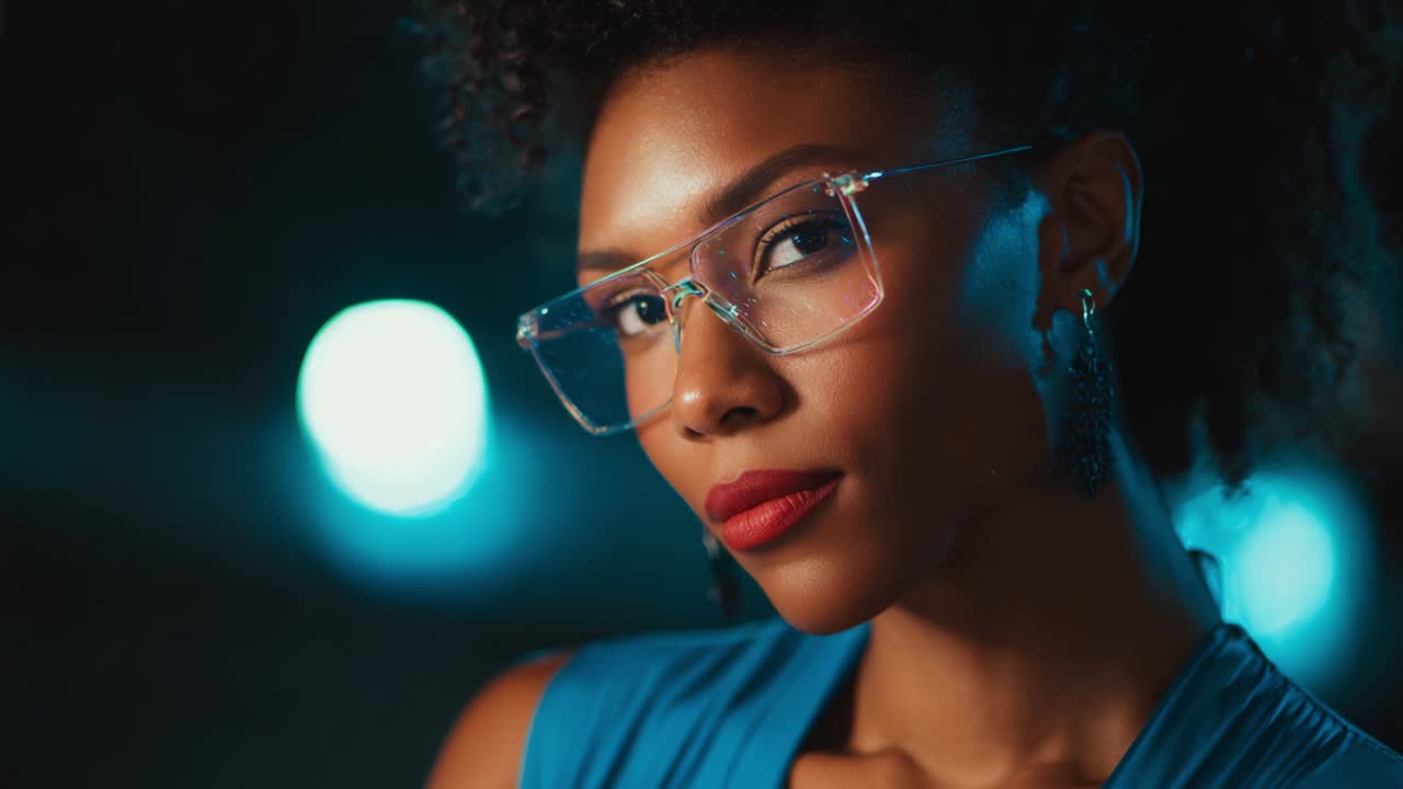Ritratto accattivante di una donna elegante con occhiali chic, catturato in un'illuminazione suggestiva che mette in risalto i suoi tratti audaci e il suo senso della moda sofisticato, enfatizzando un'estetica moderna e sicura di sé