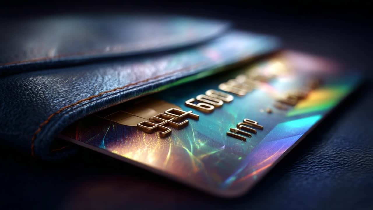 A Close-Up View of a Colorful Credit Card Peeking from a Stylish Leather Wallet, Highlighting the Glossy Surface and Intricate Designs for a Modern, Sophisticated Look