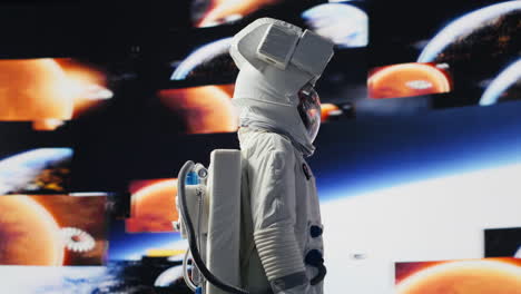male astronaut in a space suit floats in orbit above earth