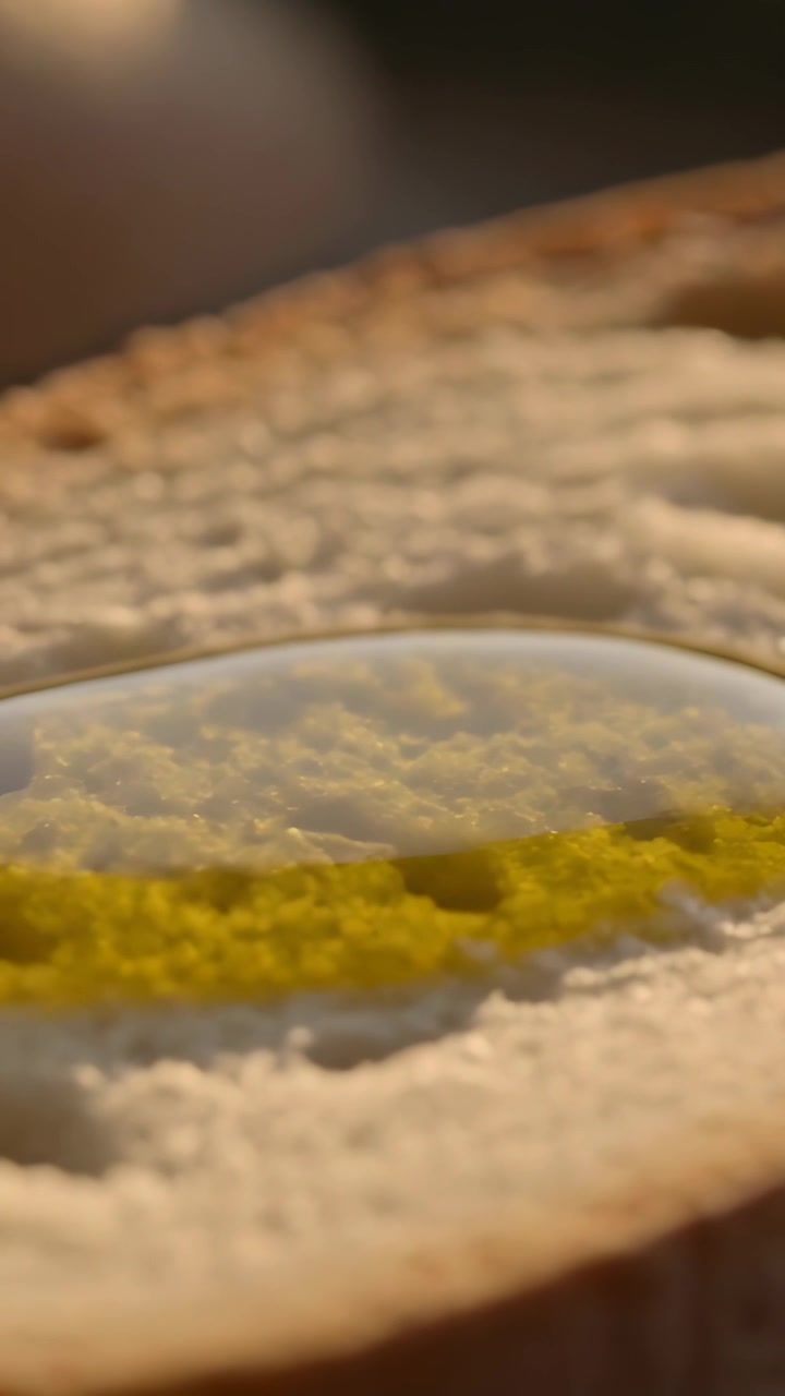 Video verticale: Olio che cade dalla bottiglia su una fetta di pane sul bancone, formando una pozza lucida