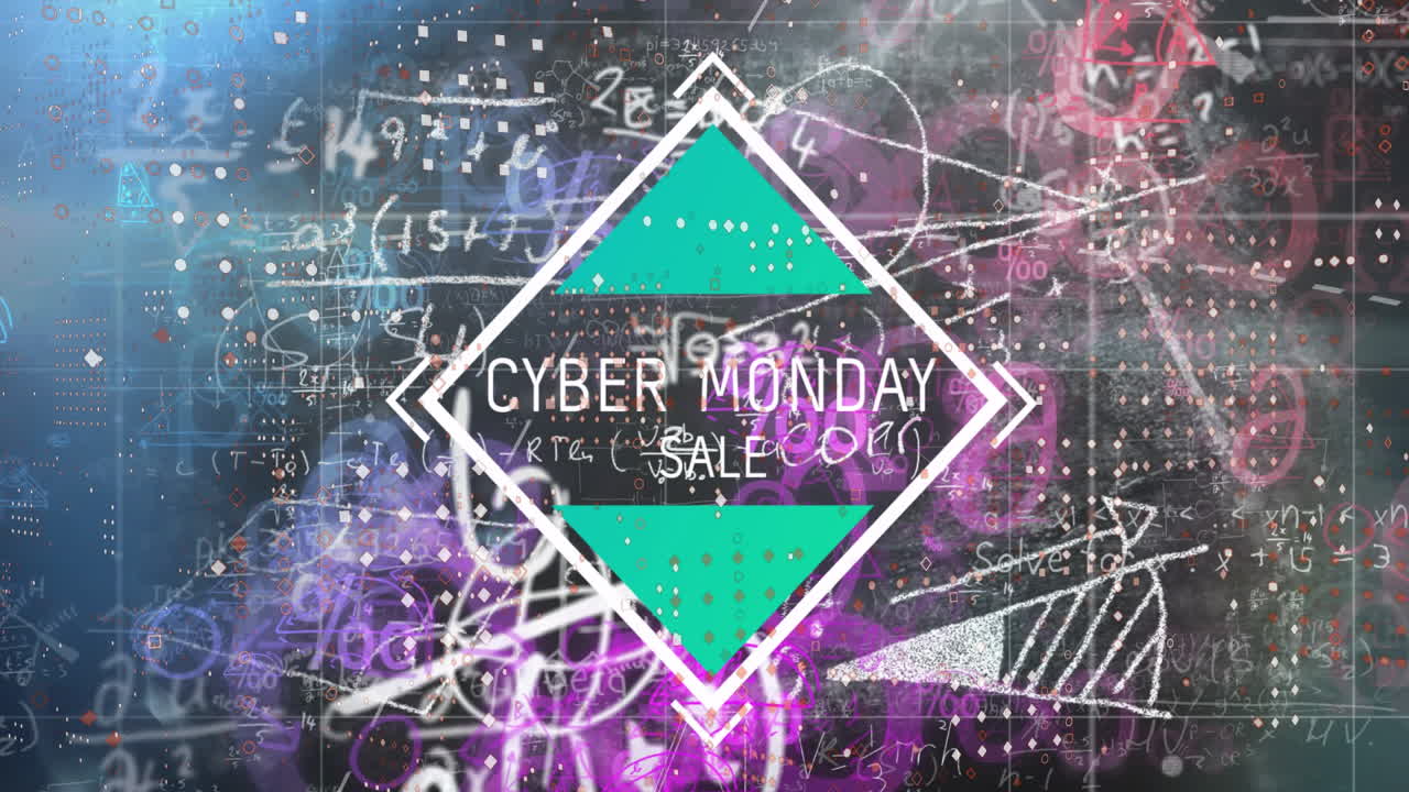 Cyber Monday Sale with animation of colorful shapes and math equations