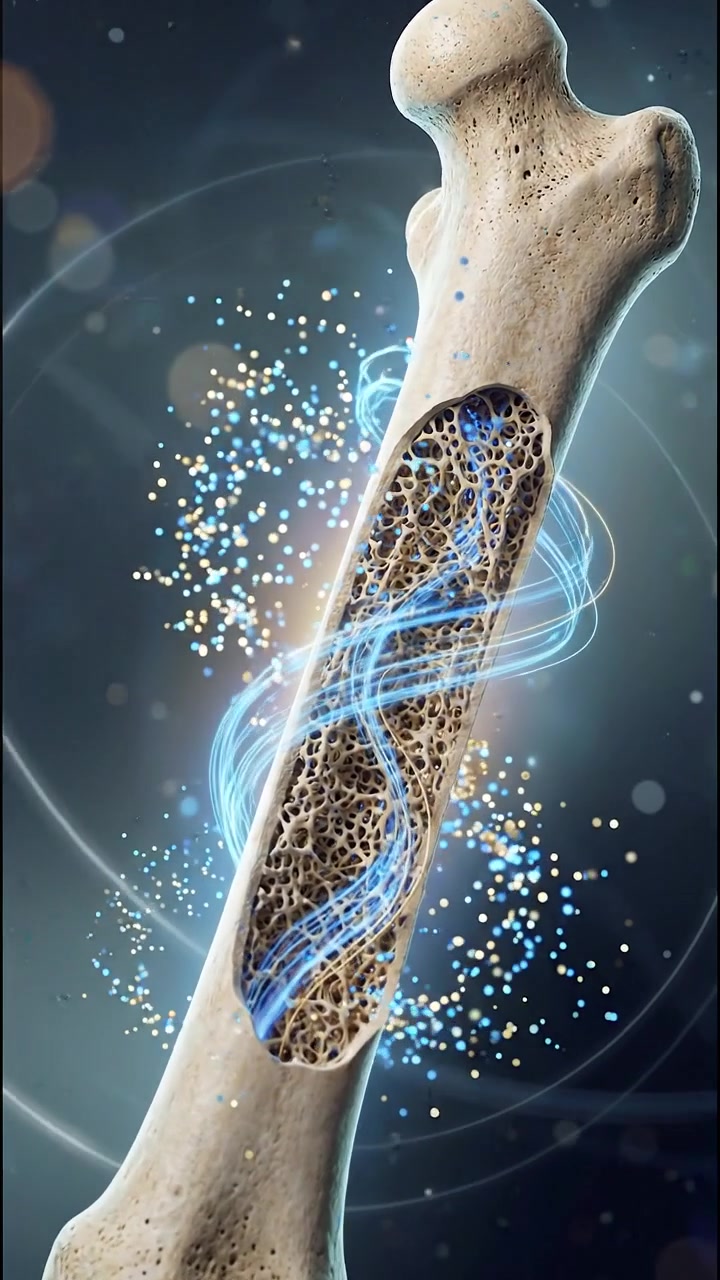 Rendering anatomico dell'osso del femore umano con effetti particellari