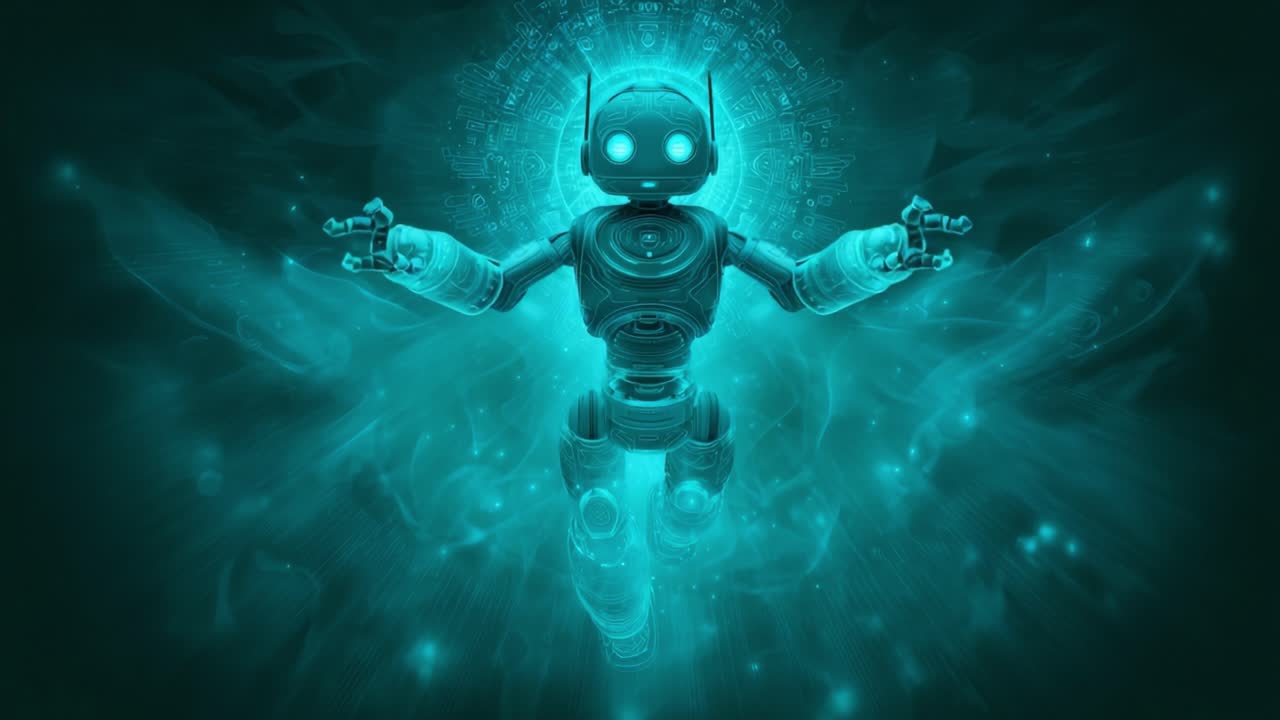 A futuristic robot figure emerges from a vibrant blue-green digital environment, showcasing advanced technology and an ethereal aesthetic that captivates the imagination and hints at a blend of artificial intelligence and artistry