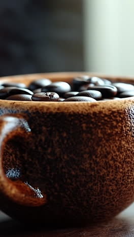 coffee cup filled with roasted beans. a rustic cup holds fresh roasted coffee beans on a wooden surface, with steam rising gently in a cozy setting.