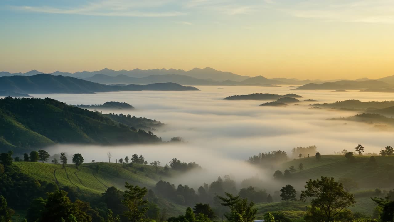 A Serene Morning Landscape: Lush Green Hills Surrounded by Rolling Fog Under a Tranquil Sunrise with Majestic Mountains in the Background