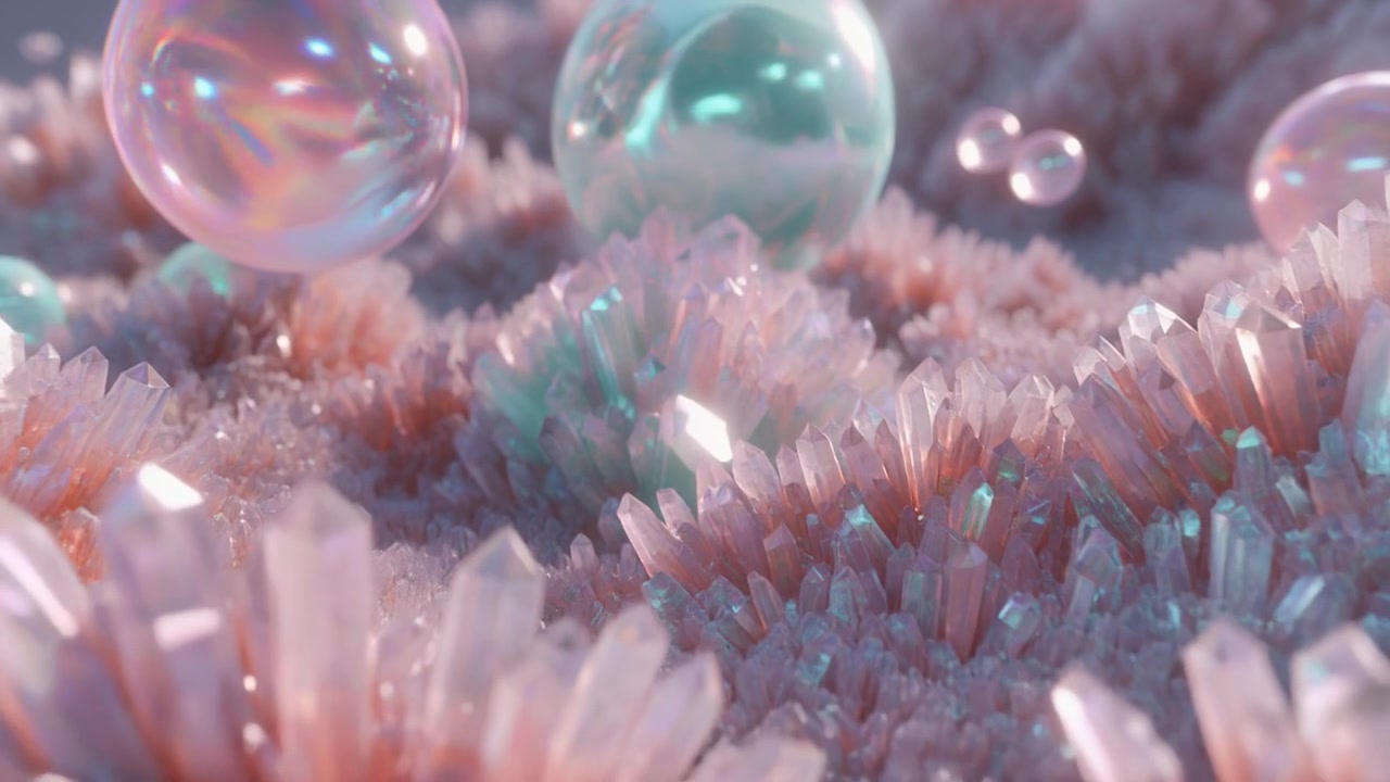 Bolle iridescenti fluttuanti su un campo di cristalli rosa