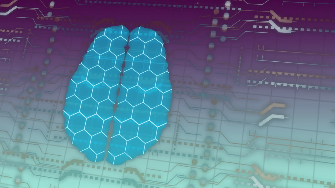 Animation of human brain, connections and data processing over circuit board
