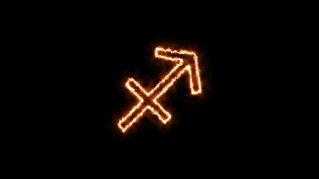 signos del zodiaco sagitario en el fuego. animación en un fondo negro letras 4k video está ardiendo en una llama.