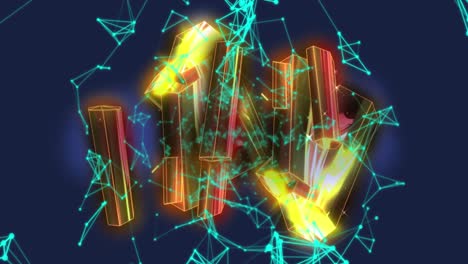 Animation-of-glowing-crystals-and-network-of-connections-against-blue-background