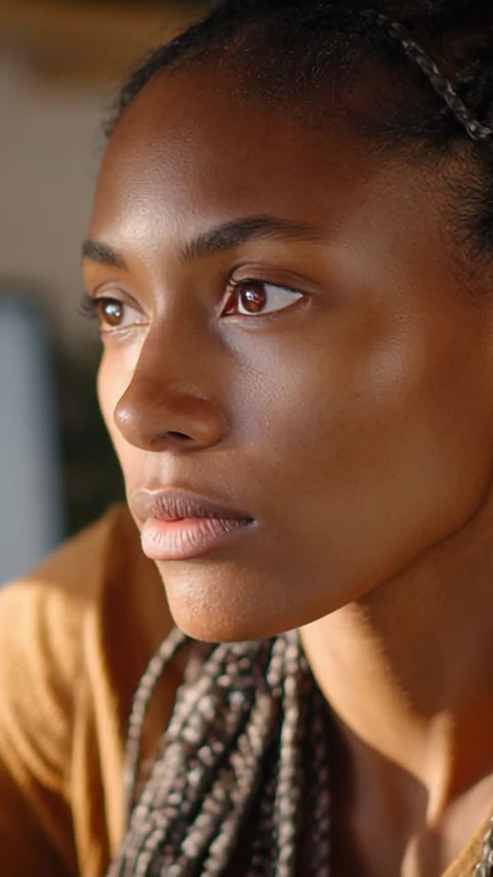 Captivating Close-Up of a Thoughtful Woman with Braided Hair and Natural Beauty, Emphasizing Expression and Serenity in a Softly Lit Setting