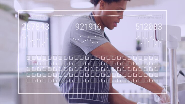 Animation of data processing over biracial male shop assistant cutting cheese