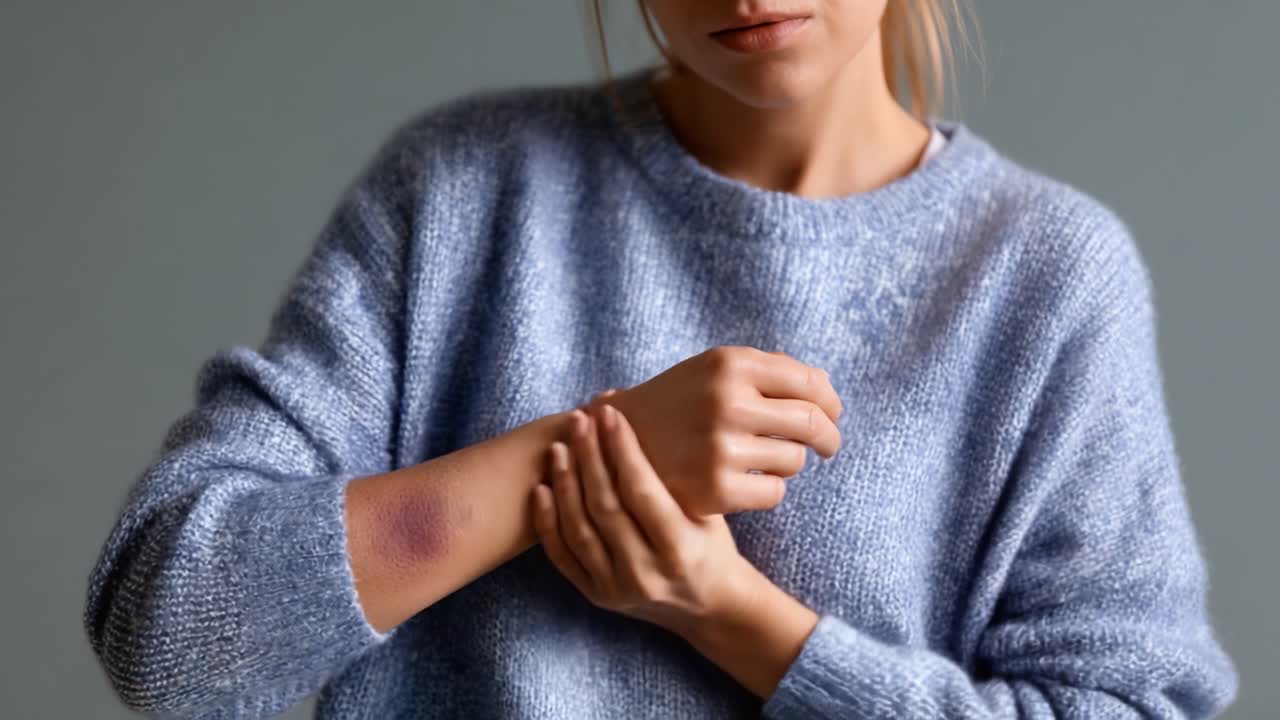 La expresión contemplativa de una mujer mientras examina su muñeca, destacando una transición de un malestar visible a una mirada más concentrada en sus ojos, mostrando emociones durante la autorreflexión.