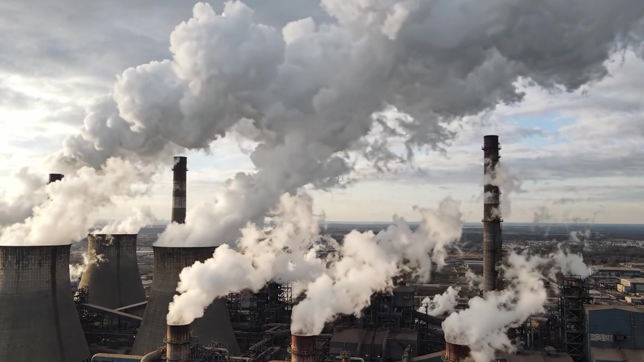 Industrial Landscape: Aerial View of Smokestacks Emitting Steam and Pollution Amidst a Cloudy Sky, Showcasing Urbanization and Environmental Concerns