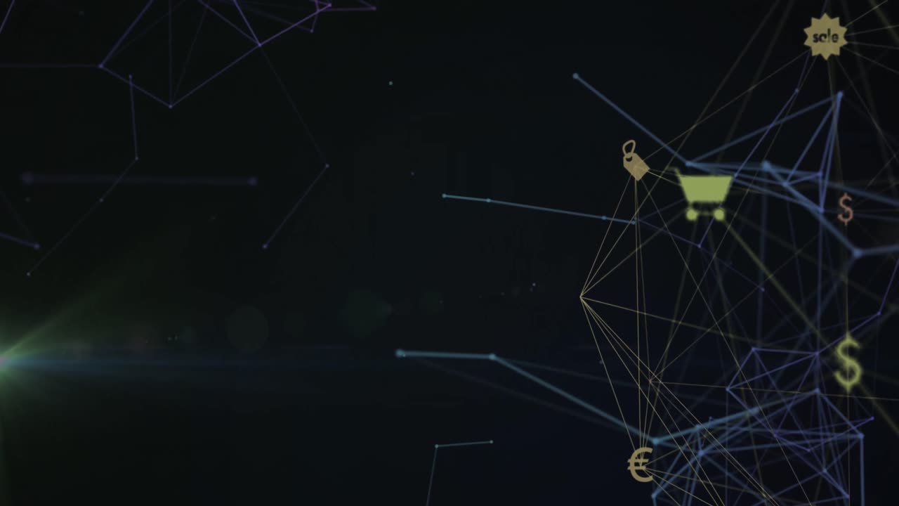animación de conexiones con iconos de compras en línea sobre fondo oscuro con luces