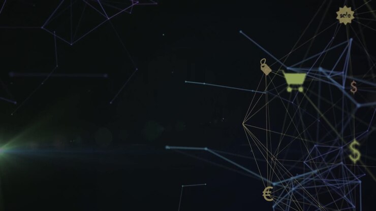 Animation of connections with online shopping icons over dark background with lights