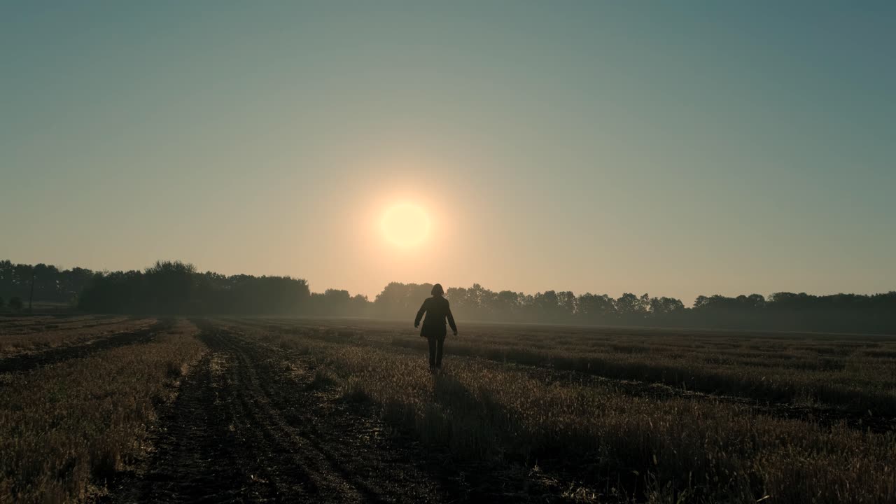 un uomo cammina attraverso un campo bruciato all'alba e al tramonto. silhouette