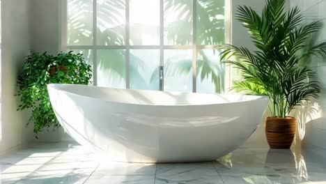 a large white bathtub sitting in a bathroom next to a plant