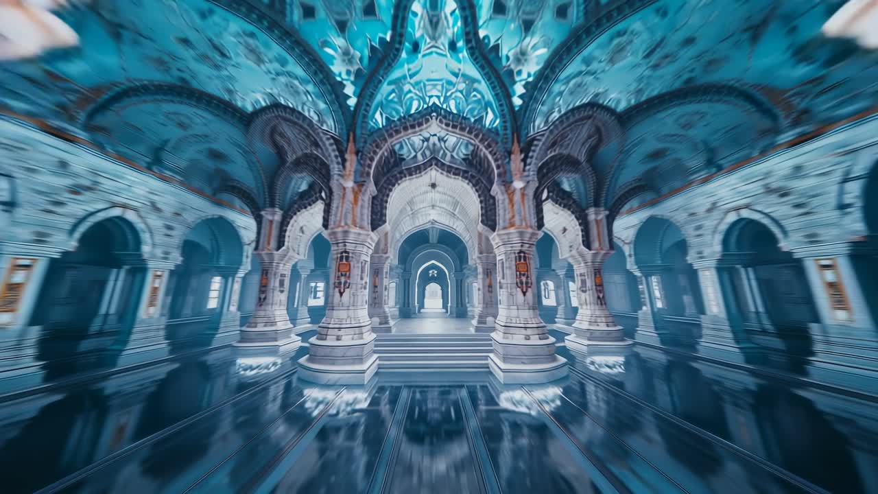 Moving camera revealing grand hall with carved pillars, stairway and reflective marble floor