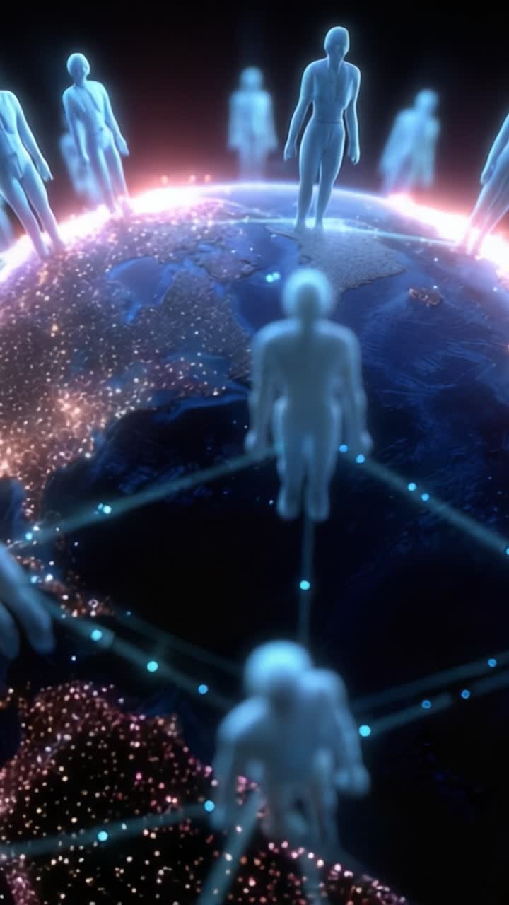 A Futuristic Depiction of Humanity Connecting Over a Glowing Earth, Symbolizing Global Communication, Unity, and Technology Advancements Connecting People Worldwide