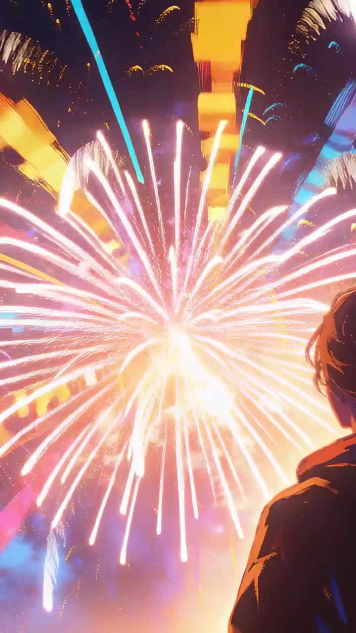 Video verticale: Uomo con felpa con cappuccio a destra che osserva i fuochi d'artificio dopo il lancio di notte, con spazio per il testo